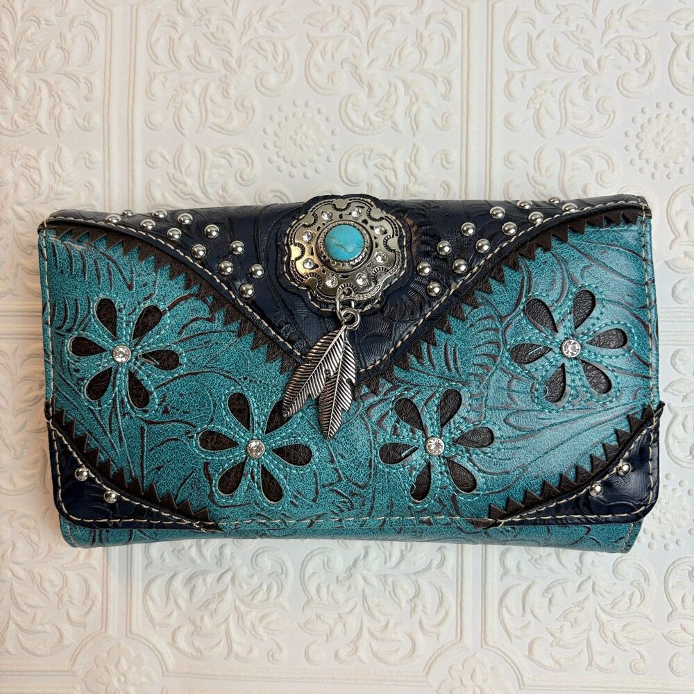 New Turquoise Blue Western Boho Wallet Faux Leather Studded